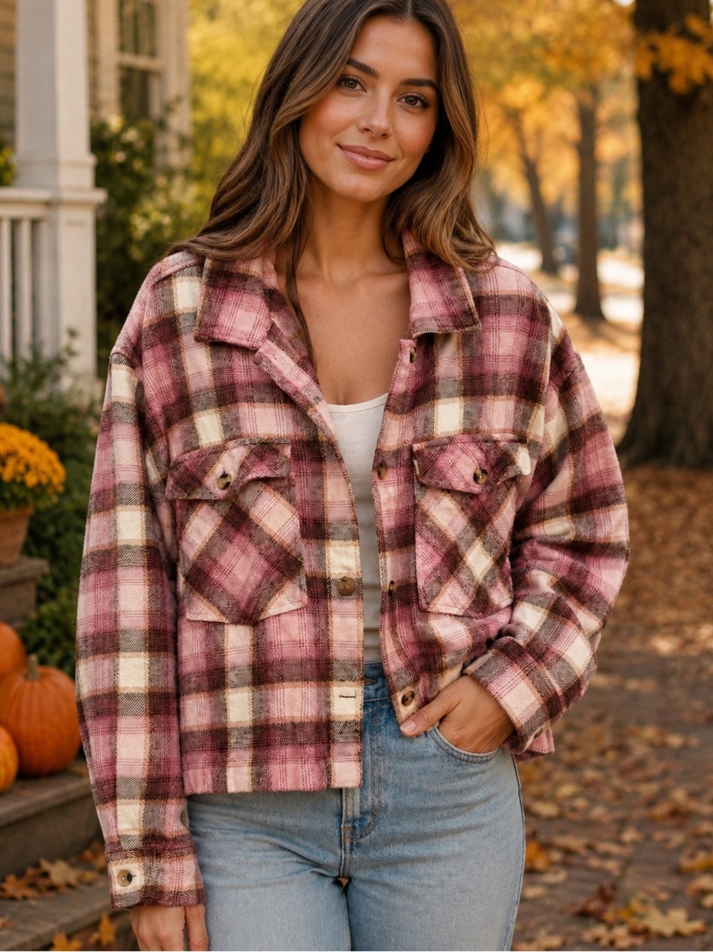 beachlunchlounge Pink and Cream Plaid Jean Shacket